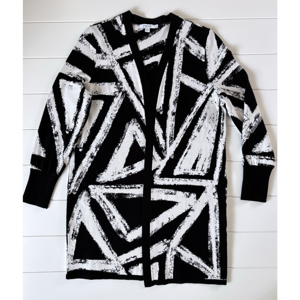 Chicos Black White Abstract Open Front Cardigan Longline Sweater Bold Artsy M - Picture 10 of 15
